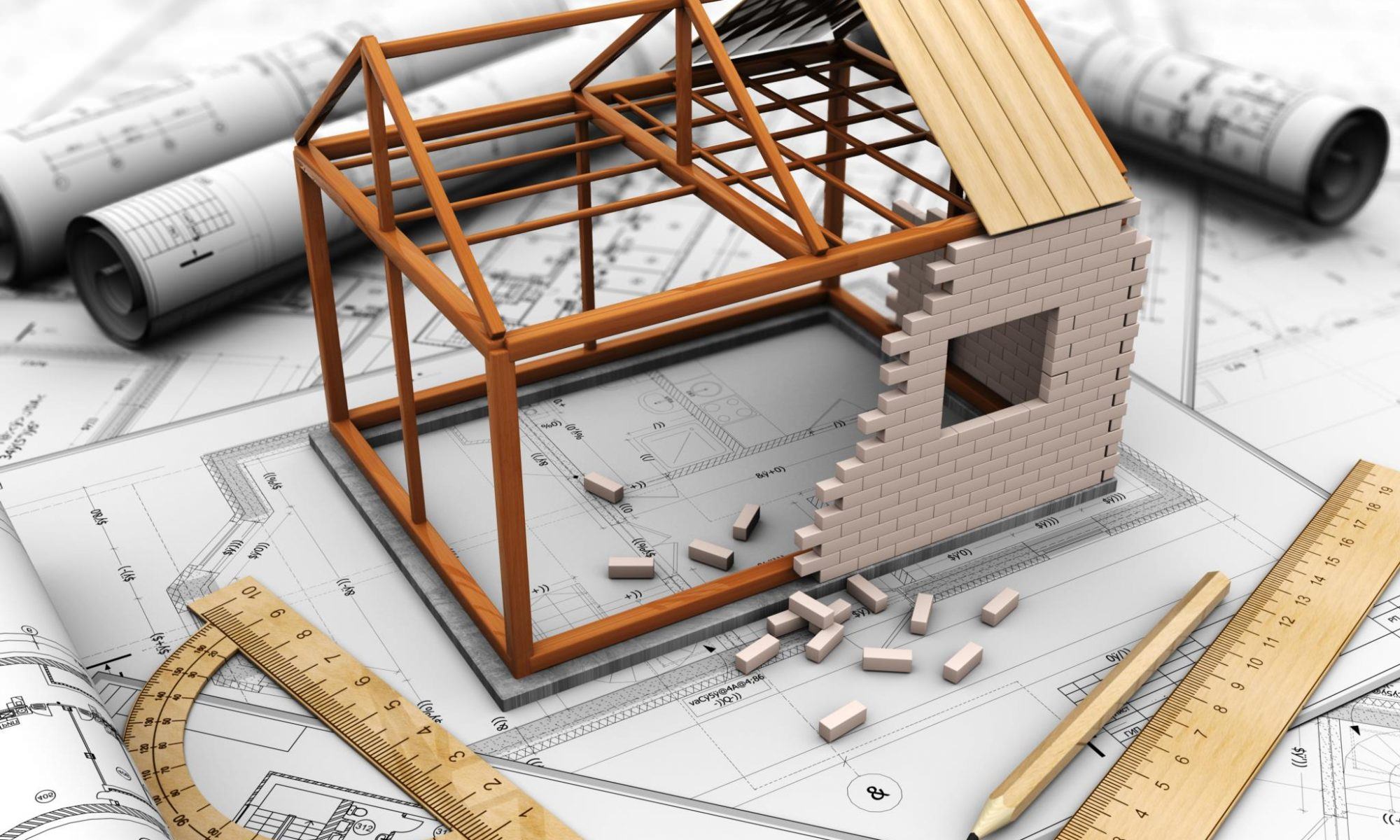 Technische tekening met huisje in aanbouw